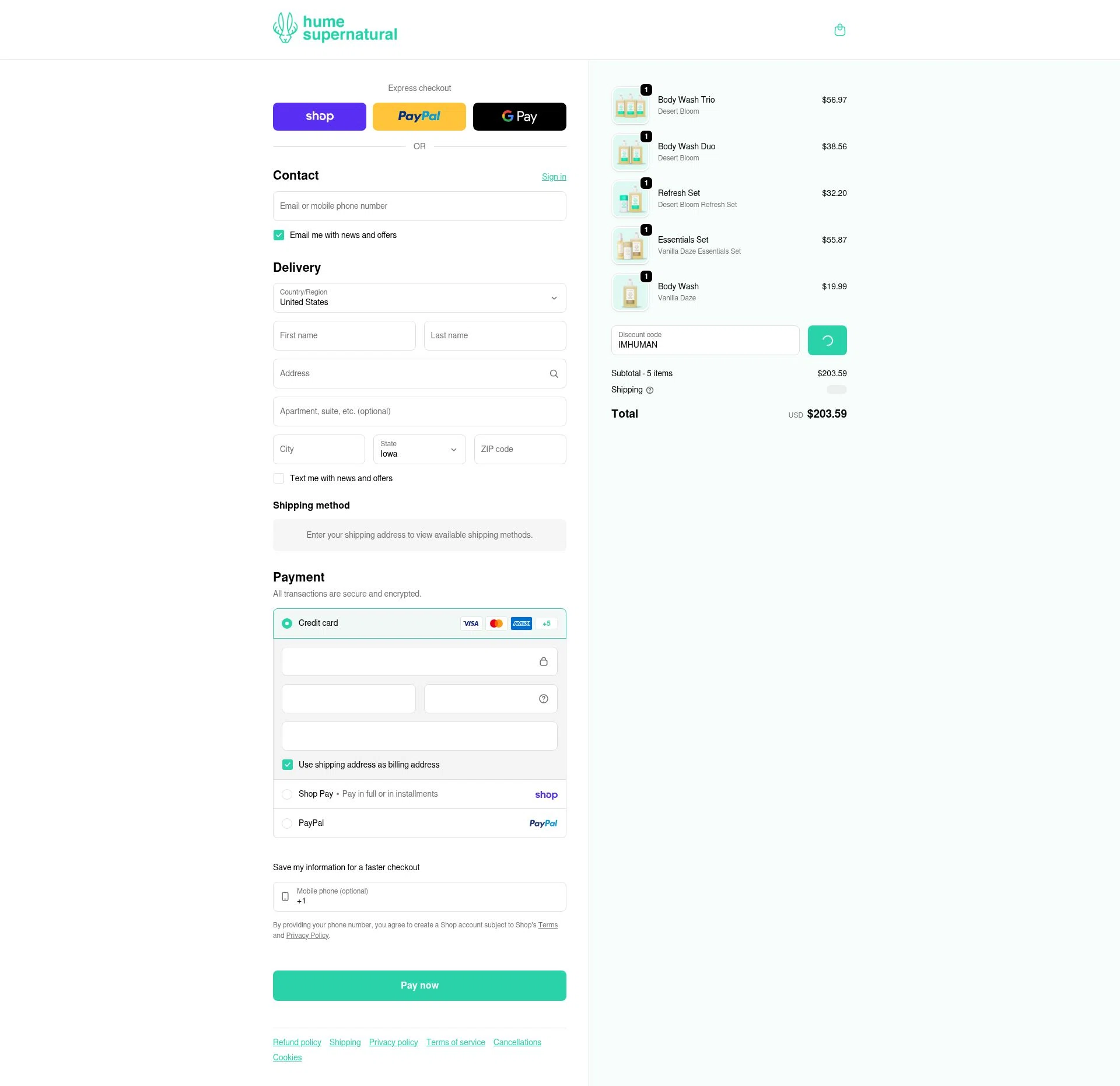 Hume Supernatural checkout page showing Hume Supernatural discount code box | Screenshot taken by SimplyCodes community member on Feb 4, 2026