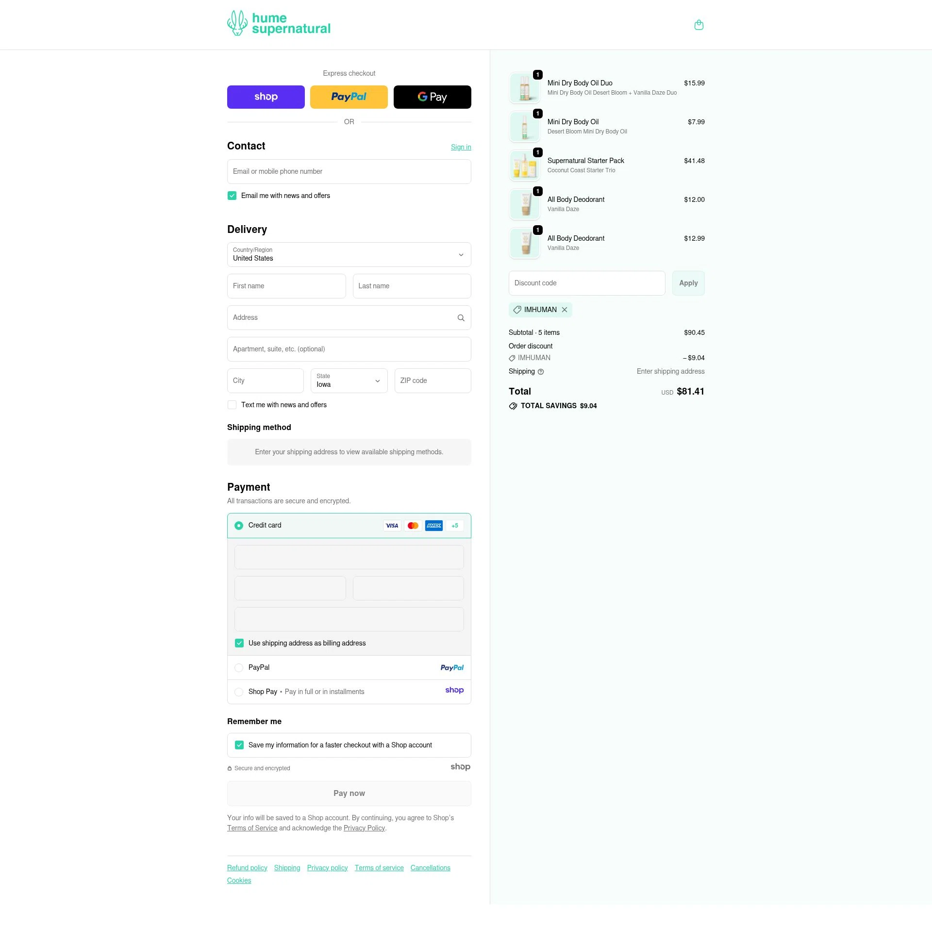 Hume Supernatural checkout page showing Hume Supernatural discount code box | Screenshot taken by SimplyCodes community member on Nov 13, 2025