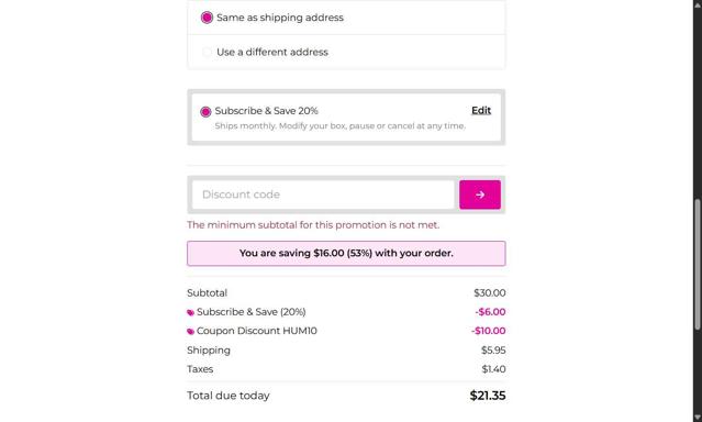 Hum Nutrition checkout page showing Hum Nutrition coupon code box | Screenshot taken by SimplyCodes community member on Aug 19, 2025