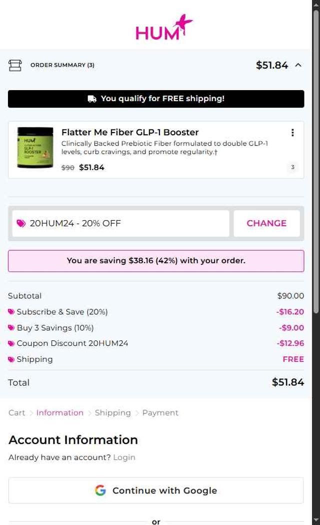Hum Nutrition checkout page showing Hum Nutrition coupon code box | Screenshot taken by SimplyCodes community member on Sep 11, 2025