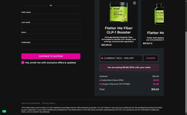 Hum Nutrition checkout page showing Hum Nutrition coupon code box | Screenshot taken by SimplyCodes community member on Aug 18, 2025