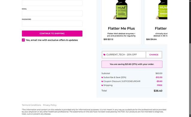 Hum Nutrition checkout page showing Hum Nutrition coupon code box | Screenshot taken by SimplyCodes community member on Aug 27, 2025