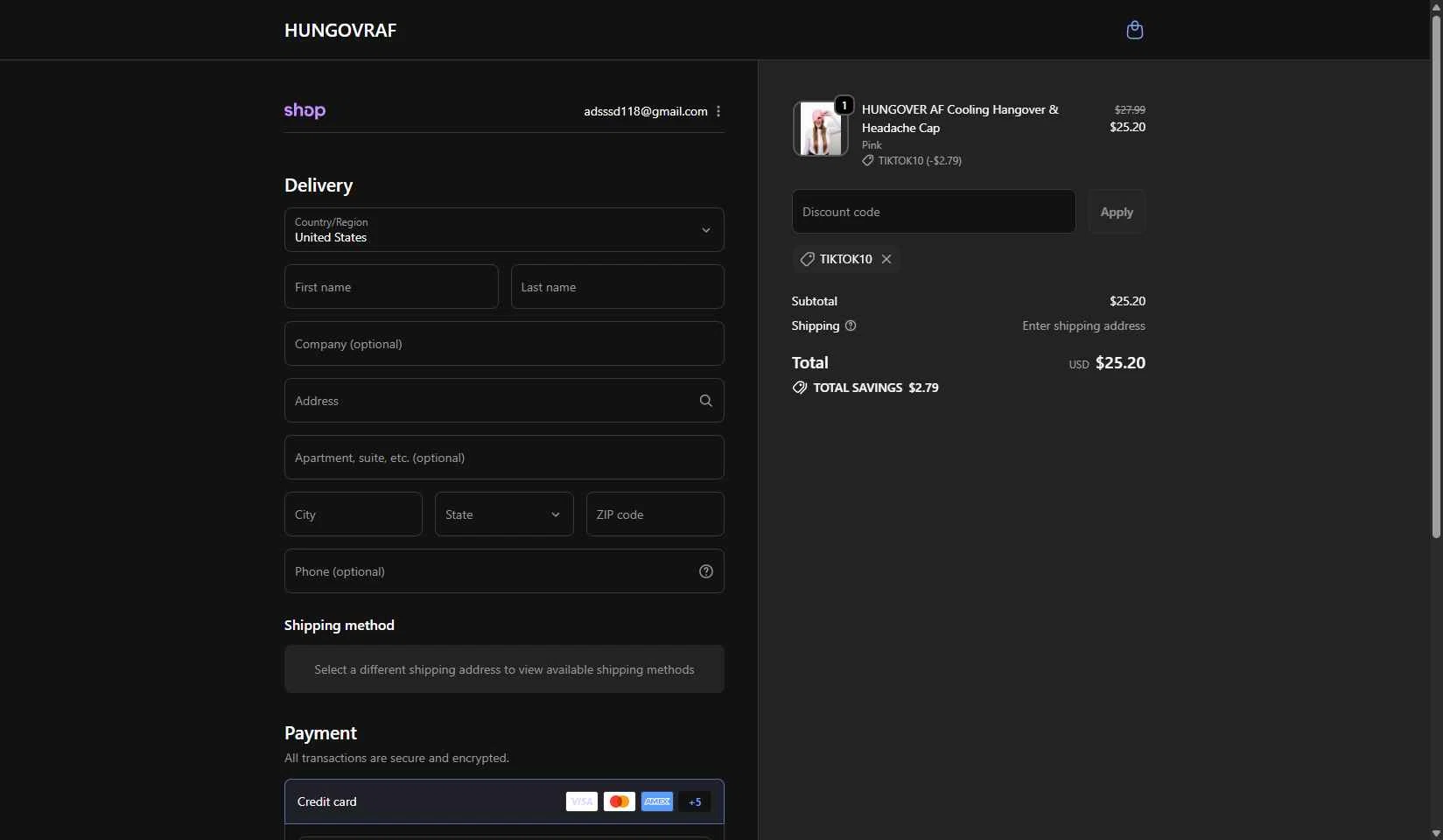 HUNGOVRAF checkout page showing HUNGOVRAF promo code box | Screenshot taken by SimplyCodes community member on Nov 5, 2025