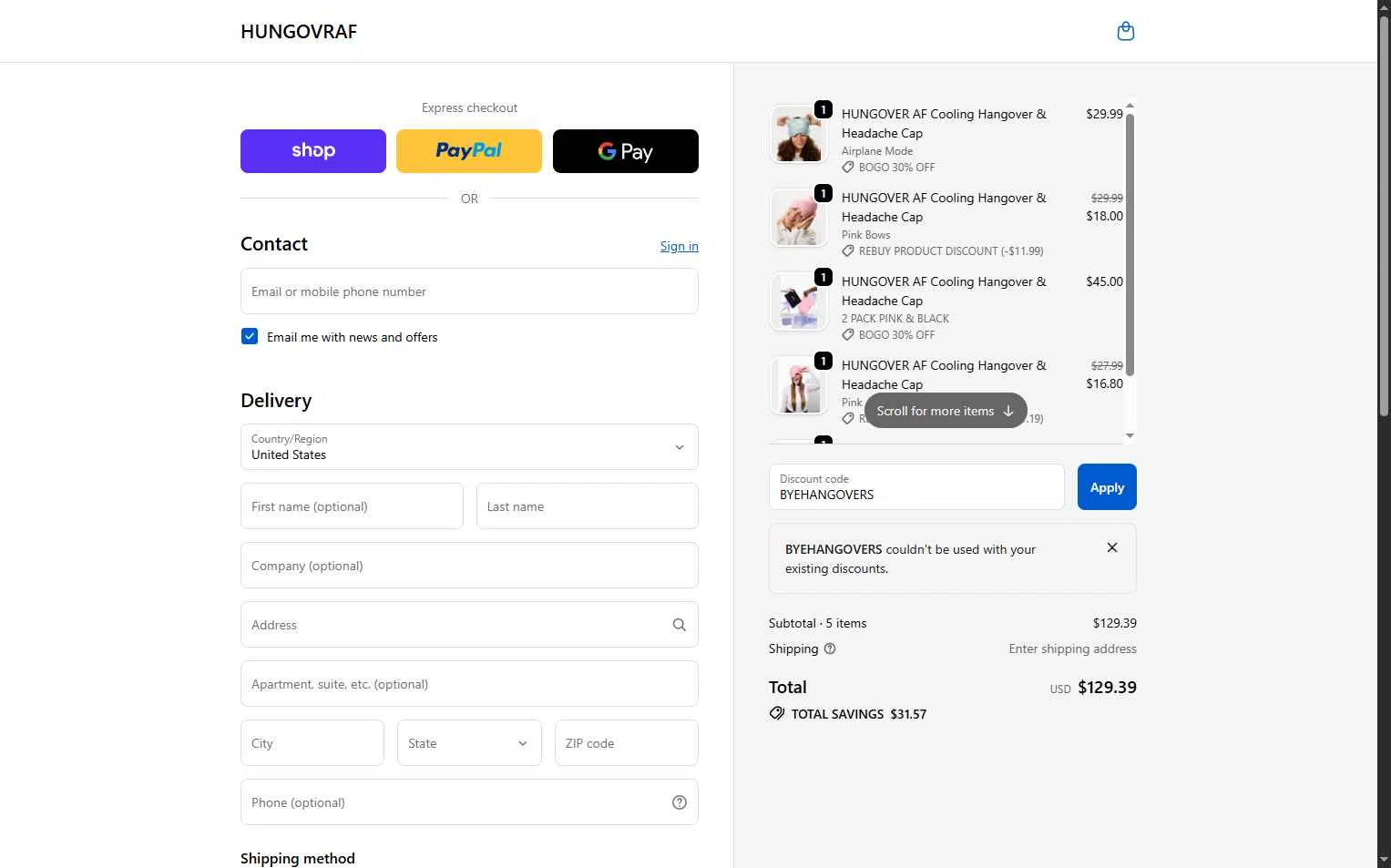 HUNGOVRAF checkout page showing HUNGOVRAF promo code box | Screenshot taken by SimplyCodes community member on Oct 28, 2025