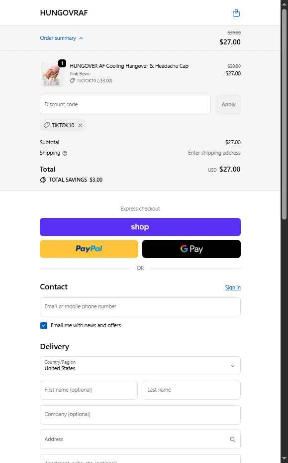 HUNGOVRAF checkout page showing HUNGOVRAF promo code box | Screenshot taken by SimplyCodes community member on Jan 2, 2026
