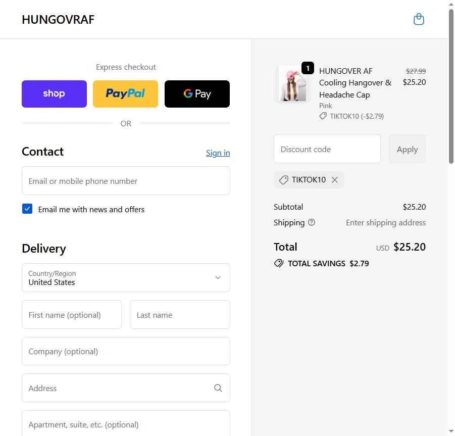 HUNGOVRAF checkout page showing HUNGOVRAF promo code box | Screenshot taken by SimplyCodes community member on Dec 4, 2025