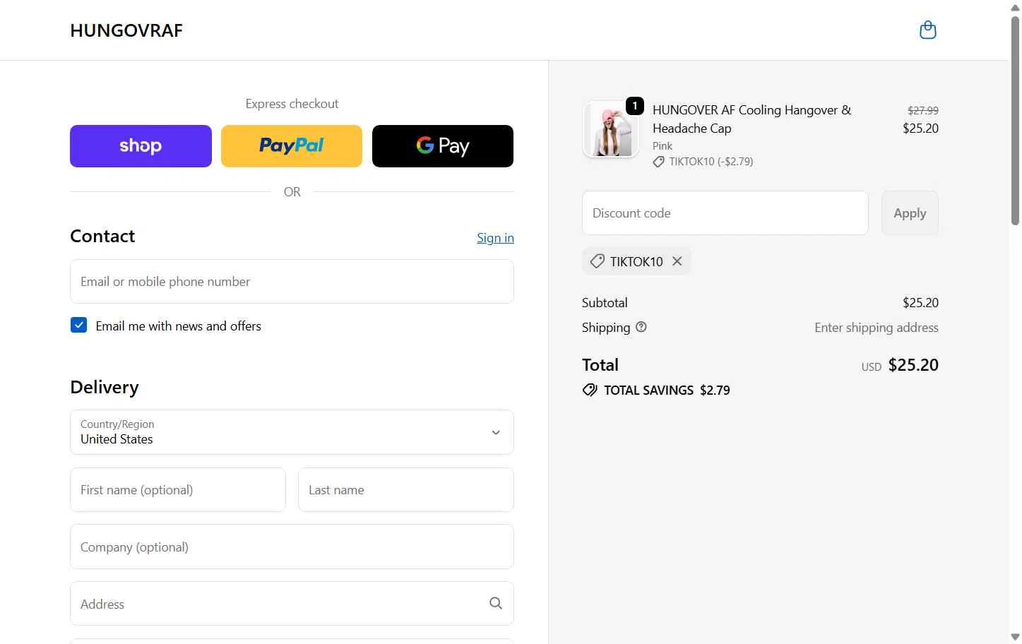 HUNGOVRAF checkout page showing HUNGOVRAF promo code box | Screenshot taken by SimplyCodes community member on Dec 4, 2025