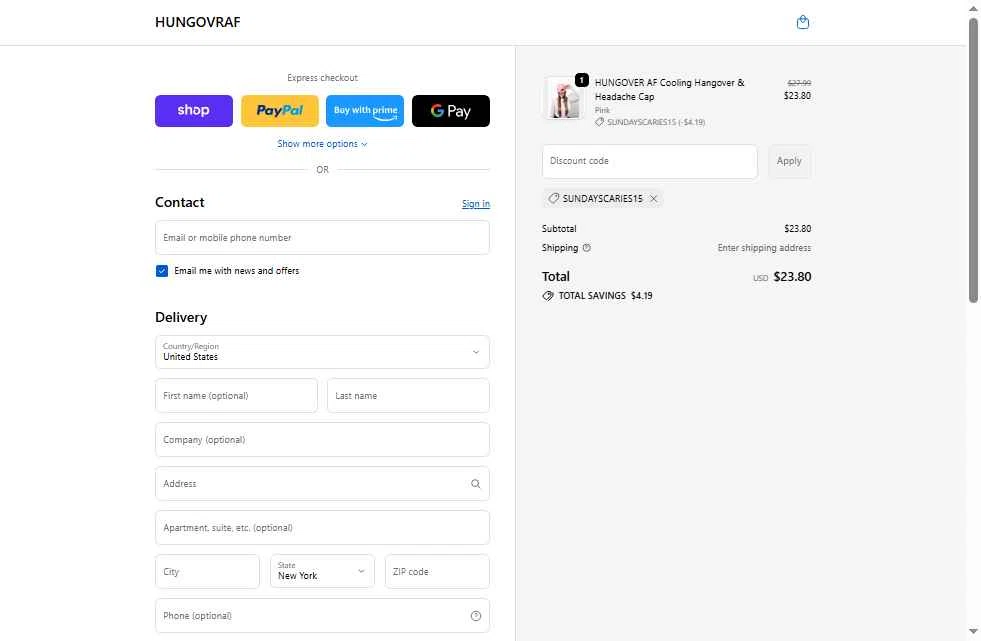 HUNGOVRAF checkout page showing HUNGOVRAF promo code box | Screenshot taken by SimplyCodes community member on Oct 28, 2025