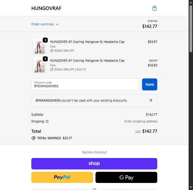 HUNGOVRAF checkout page showing HUNGOVRAF promo code box | Screenshot taken by SimplyCodes community member on Oct 7, 2025