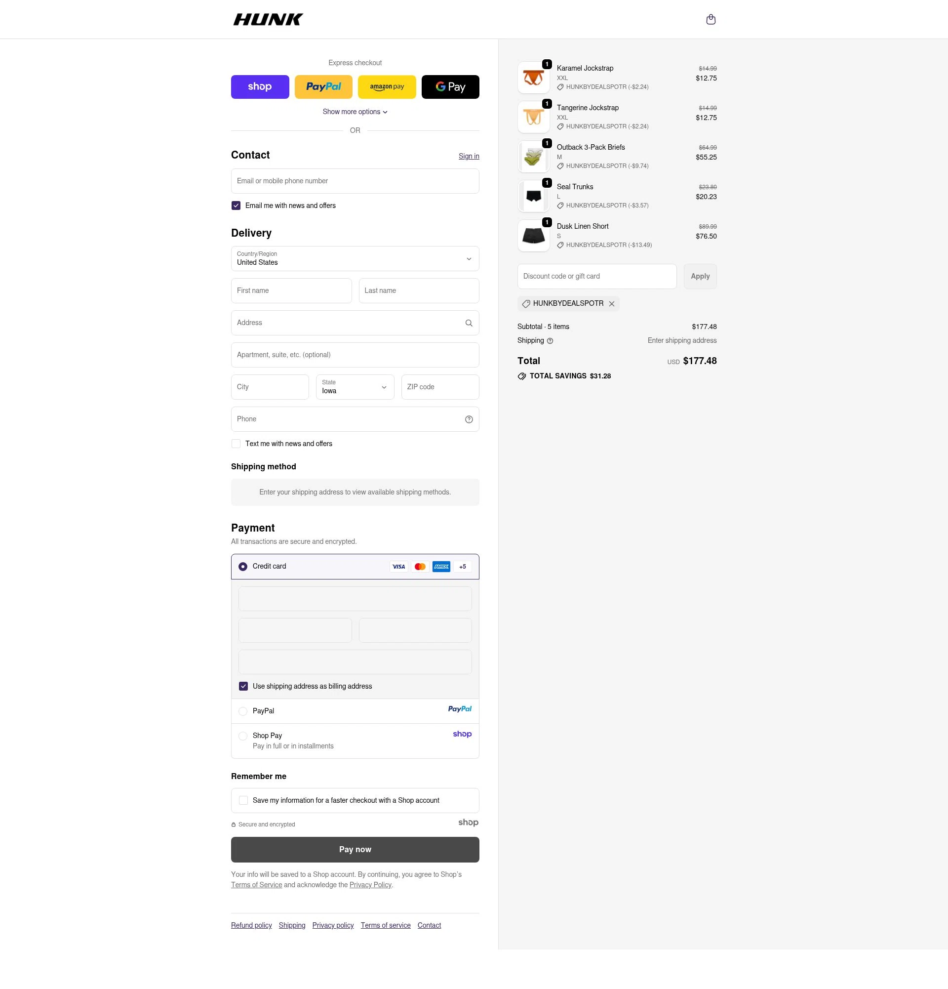 HUNK checkout page showing HUNK discount code box | Screenshot taken by SimplyCodes community member on Oct 20, 2025