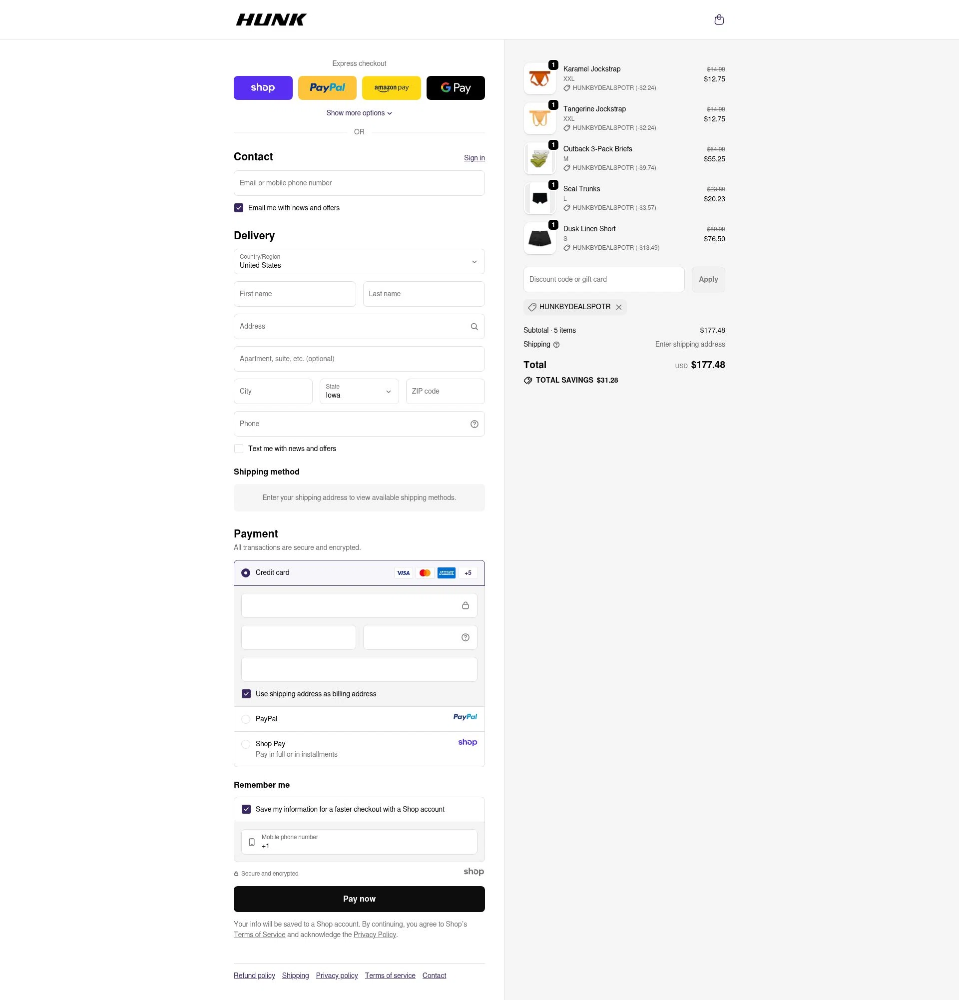 HUNK checkout page showing HUNK discount code box | Screenshot taken by SimplyCodes community member on Oct 16, 2025