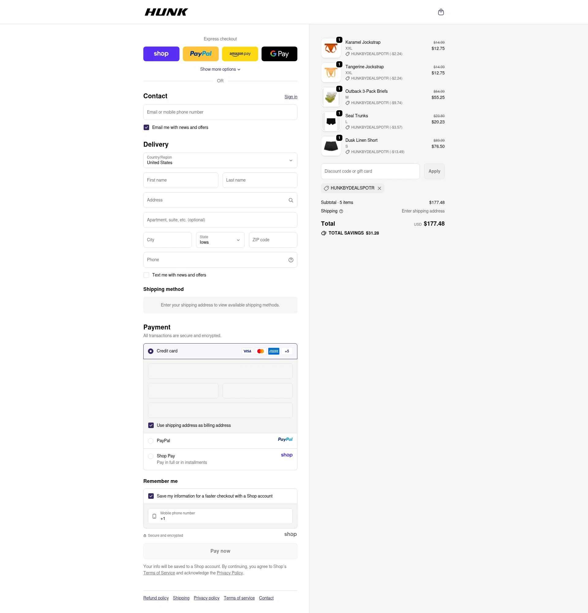 HUNK checkout page showing HUNK discount code box | Screenshot taken by SimplyCodes community member on Oct 29, 2025