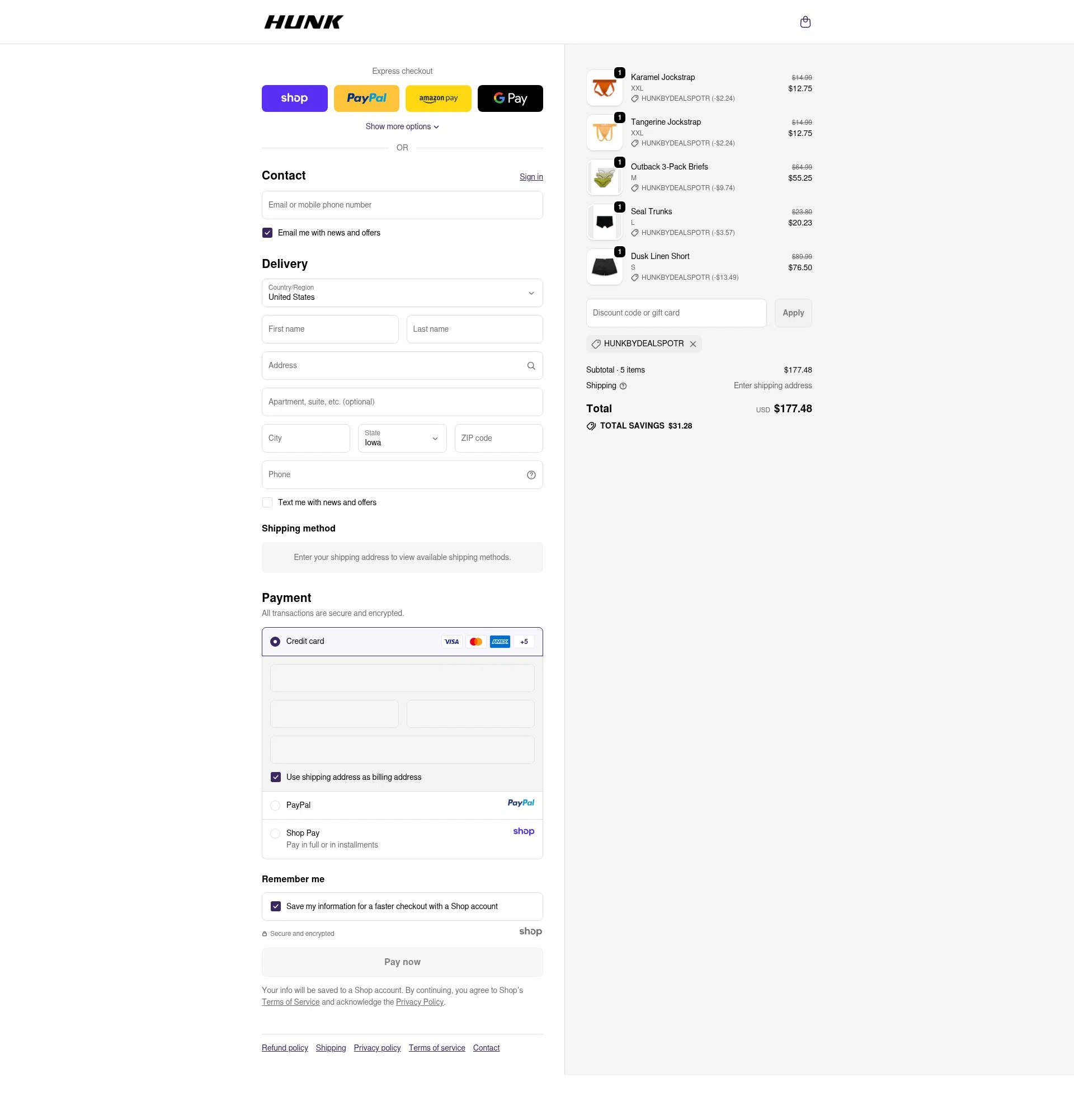HUNK checkout page showing HUNK discount code box | Screenshot taken by SimplyCodes community member on Oct 1, 2025