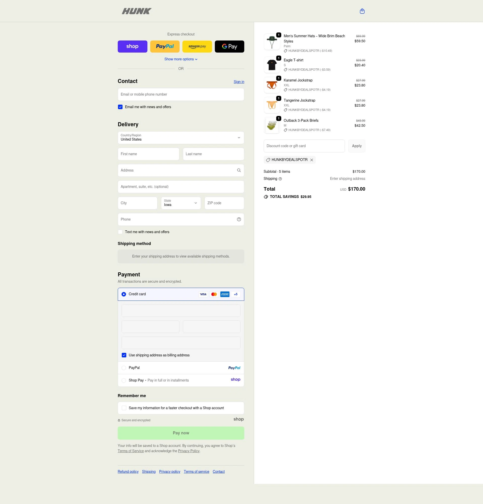 HUNK checkout page showing HUNK discount code box | Screenshot taken by SimplyCodes community member on Nov 11, 2025