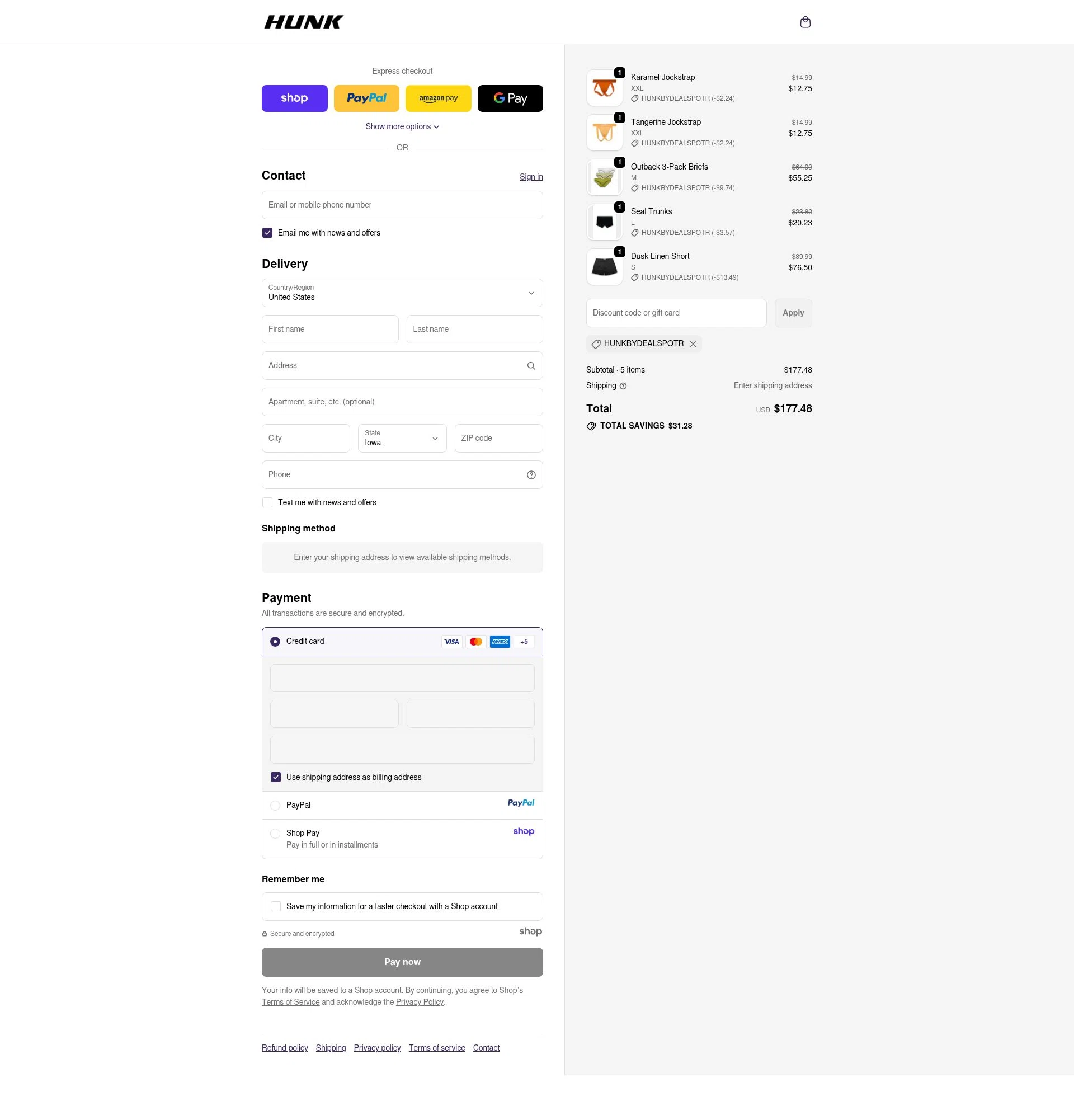 HUNK checkout page showing HUNK discount code box | Screenshot taken by SimplyCodes community member on Oct 25, 2025