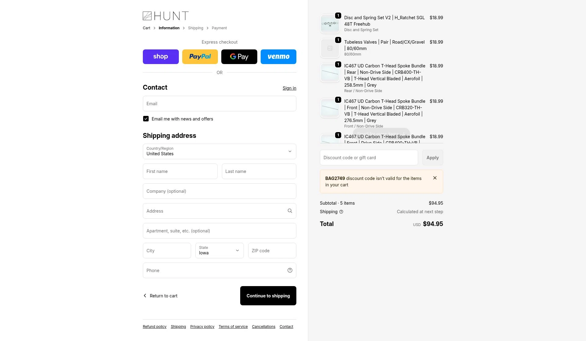 Hunt Bike Wheels checkout page showing Hunt Bike Wheels discount code box | Screenshot taken by SimplyCodes community member on Feb 15, 2026