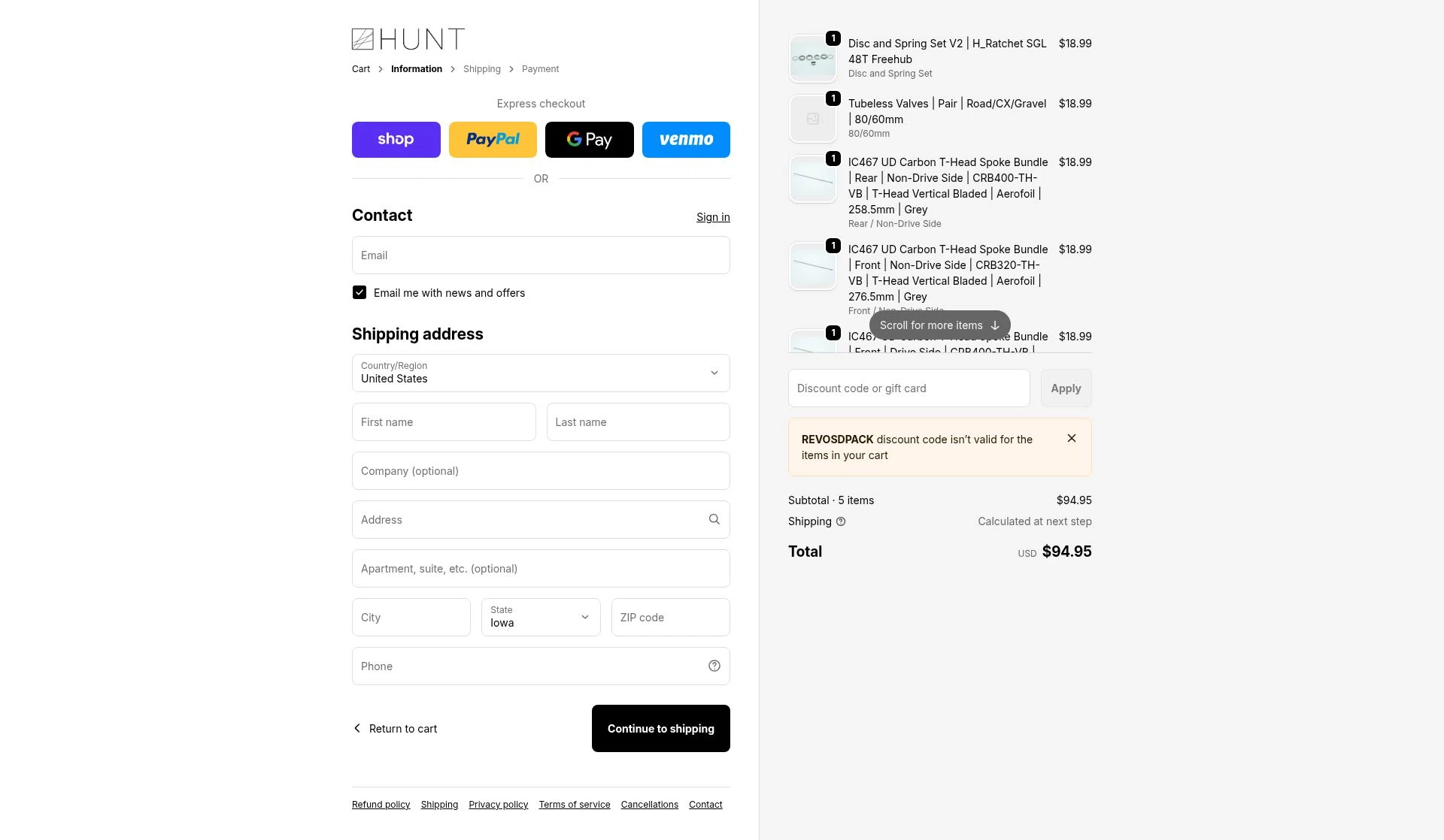 Hunt Bike Wheels checkout page showing Hunt Bike Wheels discount code box | Screenshot taken by SimplyCodes community member on Feb 11, 2026