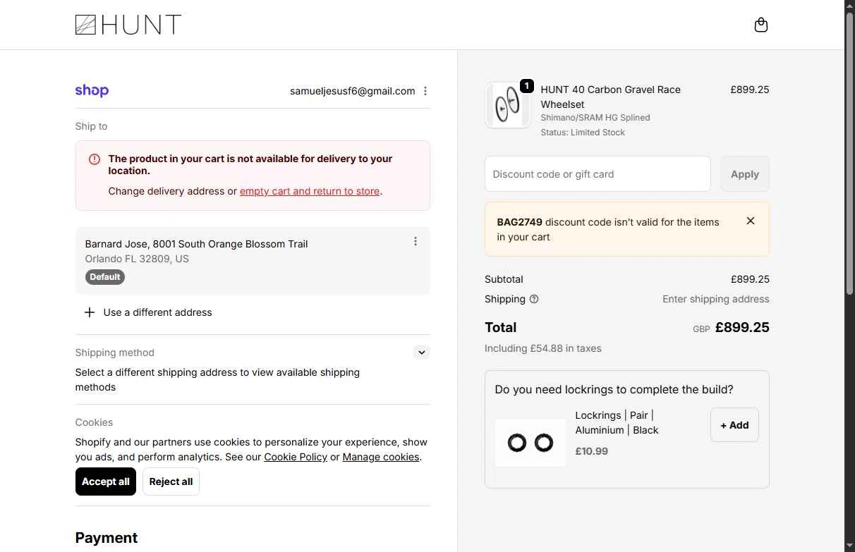 Hunt Bike Wheels checkout page showing Hunt Bike Wheels discount code box | Screenshot taken by SimplyCodes community member on Feb 15, 2026