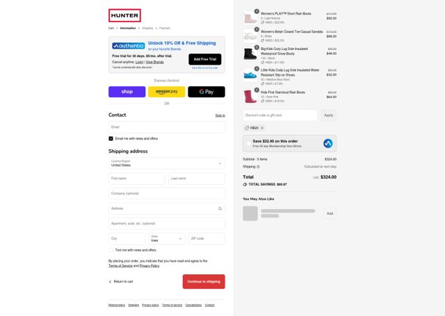 Hunter Boots checkout page showing Hunter Boots discount code box | Screenshot taken by SimplyCodes community member on Sep 11, 2025