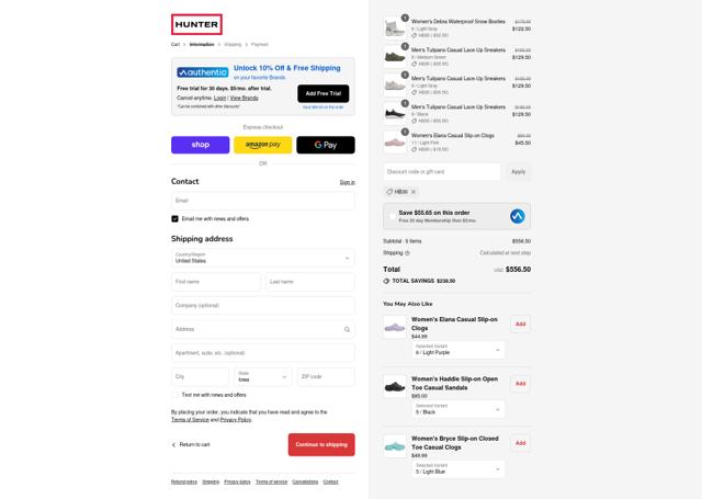 Hunter Boots checkout page showing Hunter Boots discount code box | Screenshot taken by SimplyCodes community member on Sep 14, 2025