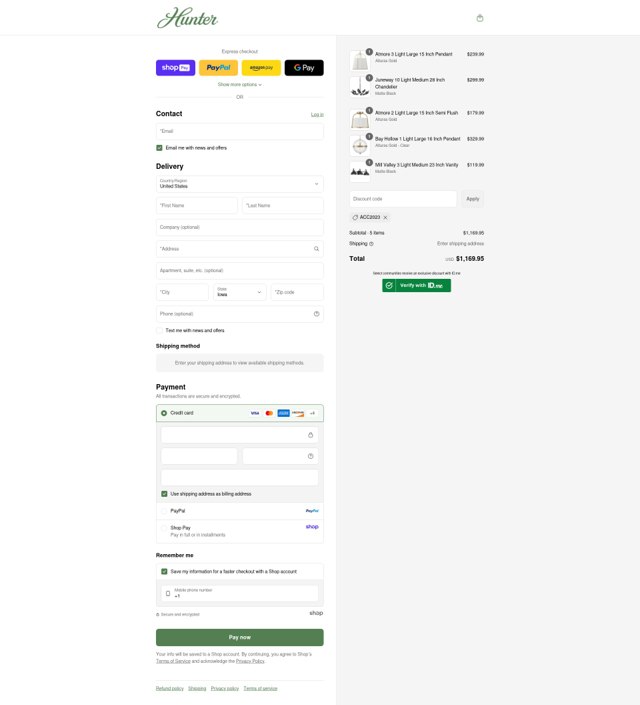 Hunter Fan checkout page showing Hunter Fan discount code box | Screenshot taken by SimplyCodes community member on Aug 25, 2025