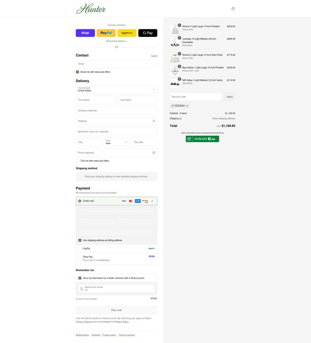 Hunter Fan checkout page showing Hunter Fan discount code box | Screenshot taken by SimplyCodes community member on Sep 7, 2025