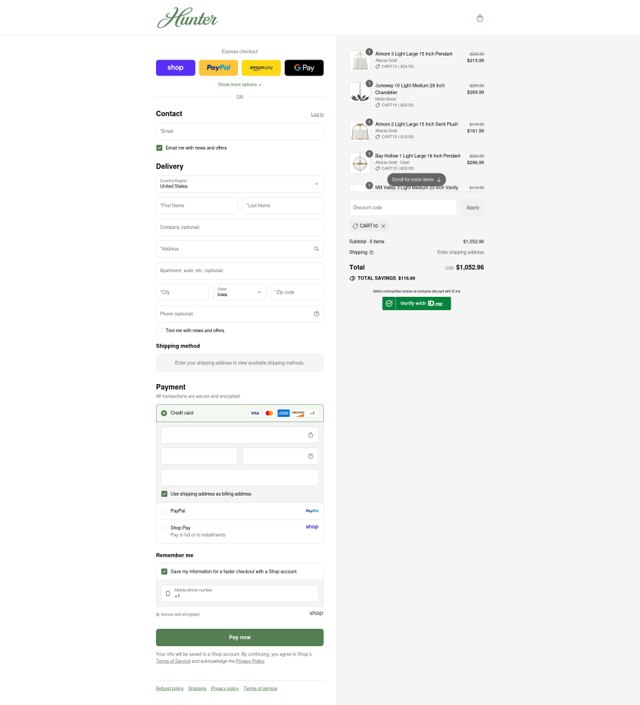 Hunter Fan checkout page showing Hunter Fan discount code box | Screenshot taken by SimplyCodes community member on Aug 29, 2025