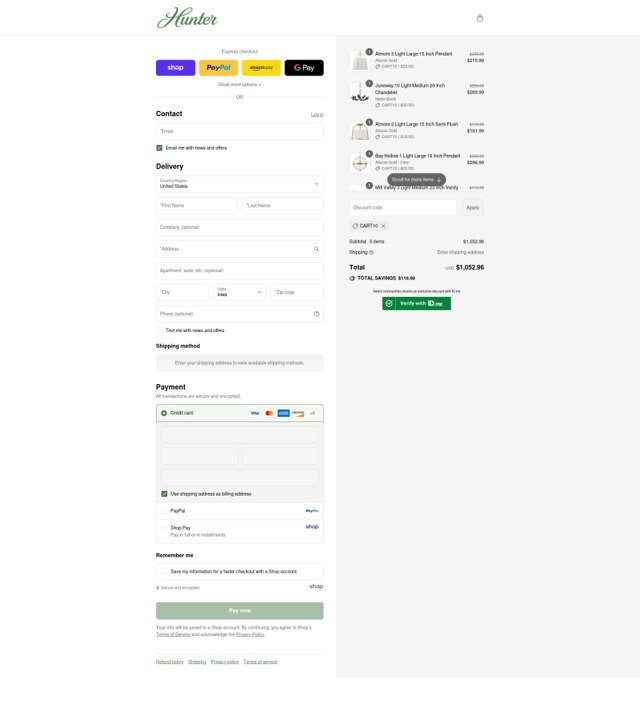 Hunter Fan checkout page showing Hunter Fan discount code box | Screenshot taken by SimplyCodes community member on Sep 3, 2025