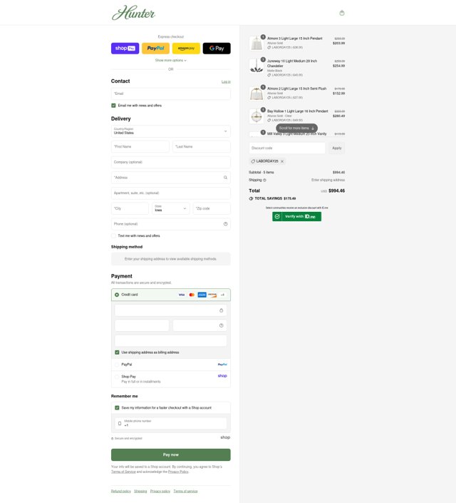 Hunter Fan checkout page showing Hunter Fan discount code box | Screenshot taken by SimplyCodes community member on Aug 25, 2025