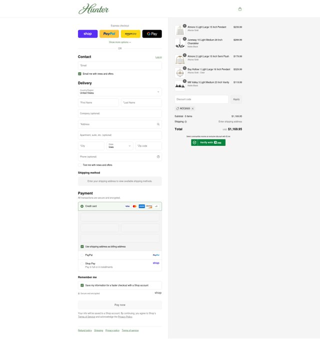 Hunter Fan checkout page showing Hunter Fan discount code box | Screenshot taken by SimplyCodes community member on Aug 29, 2025