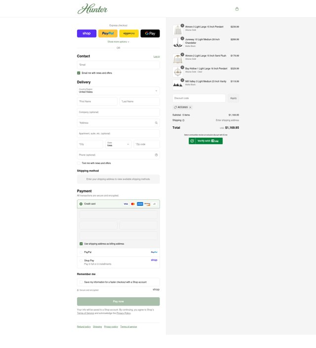Hunter Fan checkout page showing Hunter Fan discount code box | Screenshot taken by SimplyCodes community member on Sep 3, 2025