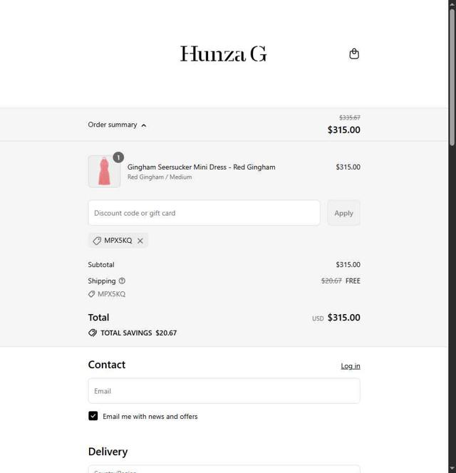 Hunza G checkout page showing Hunza G discount code box | Screenshot taken by SimplyCodes community member on Sep 1, 2025
