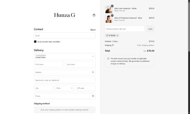 Hunza G checkout page showing Hunza G discount code box | Screenshot taken by SimplyCodes community member on Sep 11, 2025