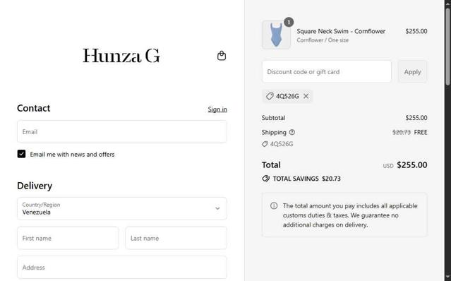 Hunza G checkout page showing Hunza G discount code box | Screenshot taken by SimplyCodes community member on Sep 9, 2025