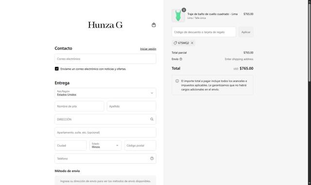 Hunza G checkout page showing Hunza G discount code box | Screenshot taken by SimplyCodes community member on Sep 11, 2025