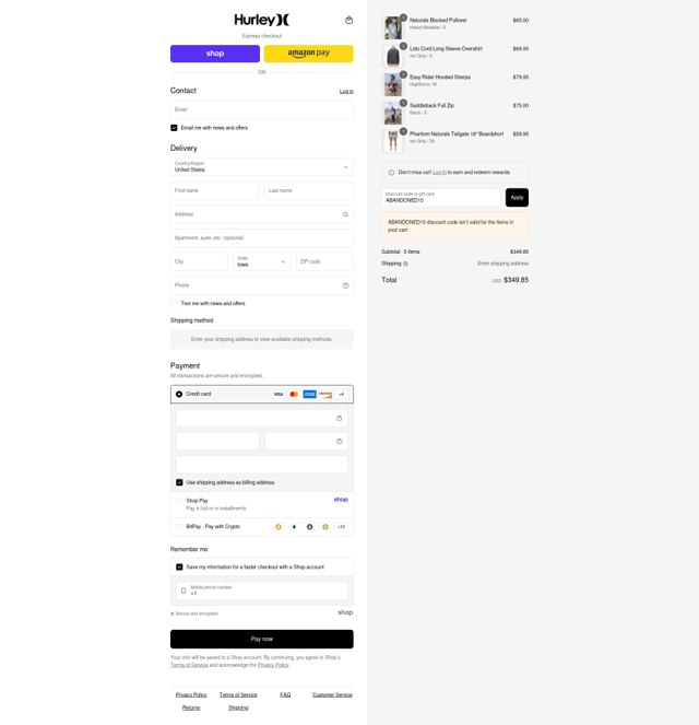 Hurley checkout page showing Hurley discount code box | Screenshot taken by SimplyCodes community member on Sep 6, 2025