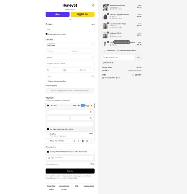 Hurley checkout page showing Hurley discount code box | Screenshot taken by SimplyCodes community member on Sep 6, 2025