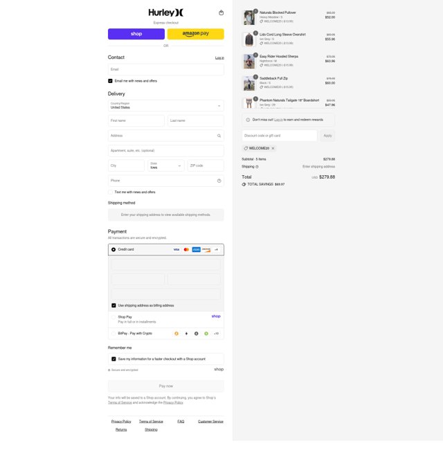 Hurley checkout page showing Hurley discount code box | Screenshot taken by SimplyCodes community member on Sep 6, 2025