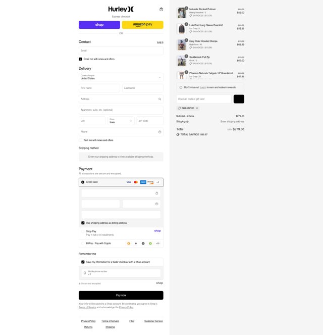 Hurley checkout page showing Hurley discount code box | Screenshot taken by SimplyCodes community member on Sep 6, 2025