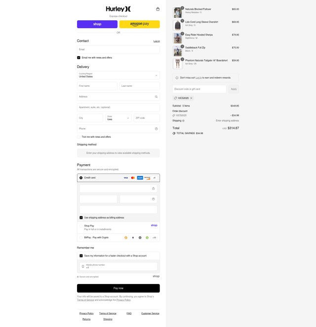 Hurley checkout page showing Hurley discount code box | Screenshot taken by SimplyCodes community member on Sep 6, 2025