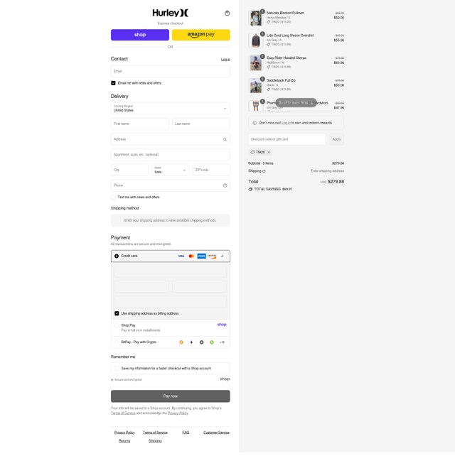 Hurley checkout page showing Hurley discount code box | Screenshot taken by SimplyCodes community member on Sep 6, 2025