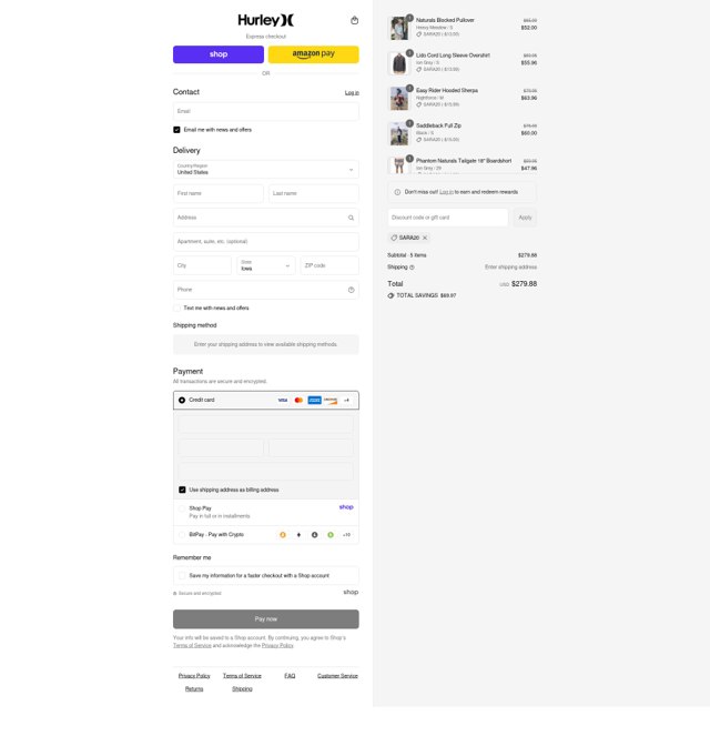 Hurley checkout page showing Hurley discount code box | Screenshot taken by SimplyCodes community member on Sep 6, 2025