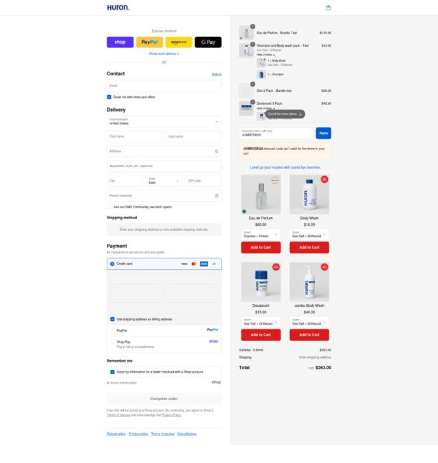 Huron checkout page showing Huron discount code box | Screenshot taken by SimplyCodes community member on Sep 12, 2025