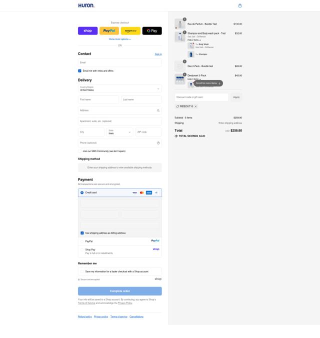 Huron checkout page showing Huron discount code box | Screenshot taken by SimplyCodes community member on Sep 12, 2025