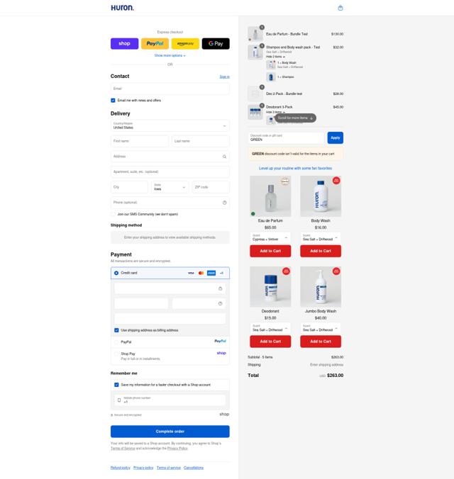 Huron checkout page showing Huron discount code box | Screenshot taken by SimplyCodes community member on Sep 12, 2025