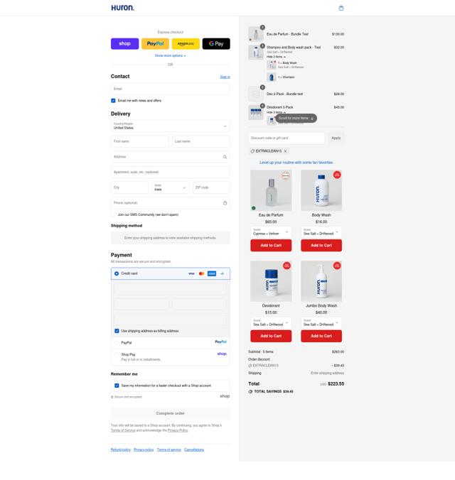 Huron checkout page showing Huron discount code box | Screenshot taken by SimplyCodes community member on Sep 12, 2025