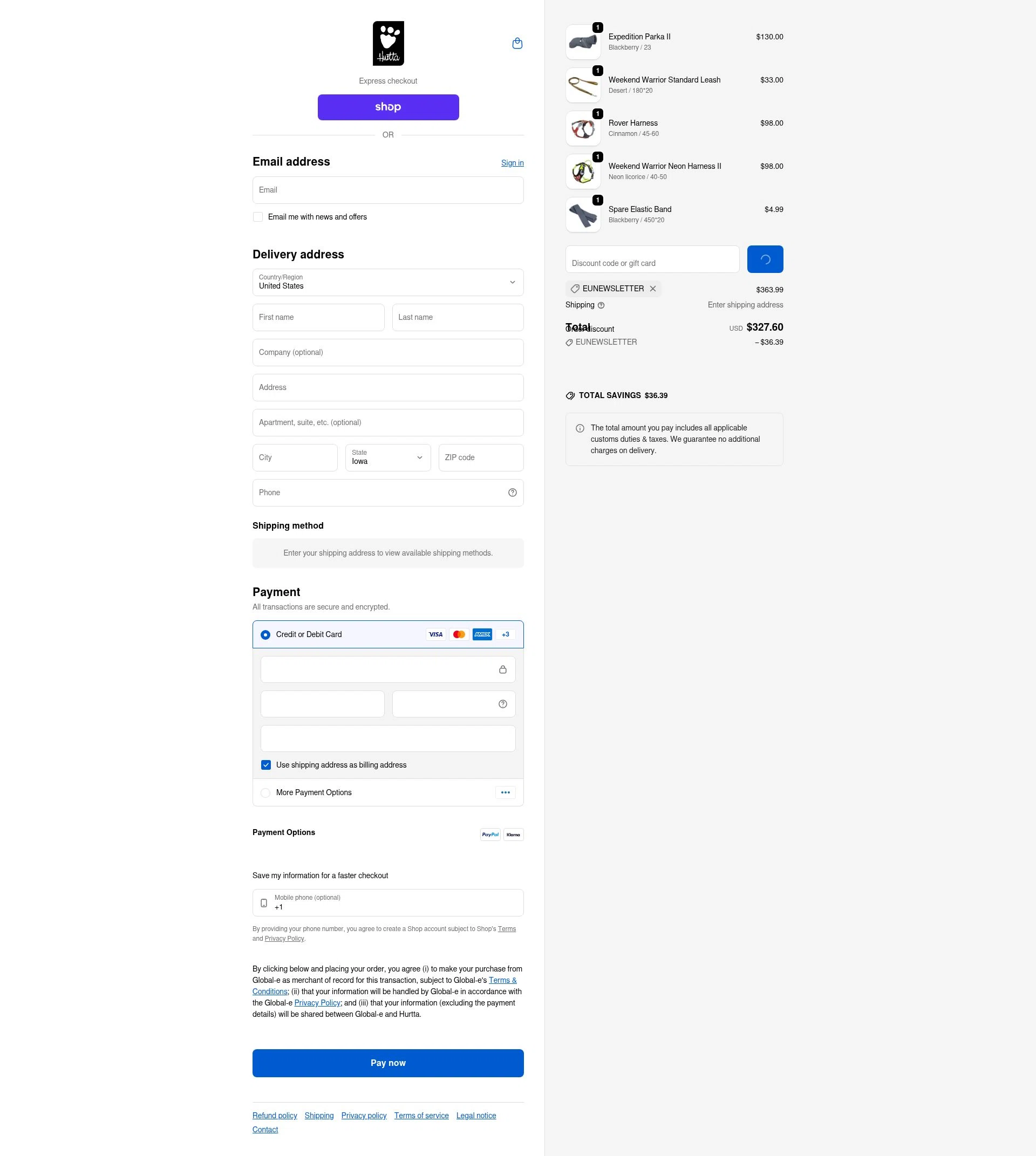 Hurtta checkout page showing Hurtta promo code box | Screenshot taken by SimplyCodes community member on Feb 4, 2026