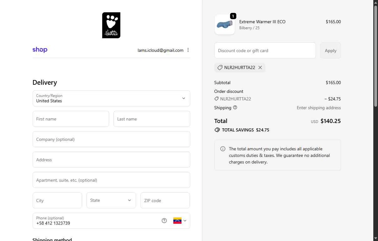 Hurtta checkout page showing Hurtta promo code box | Screenshot taken by SimplyCodes community member on Jan 26, 2026