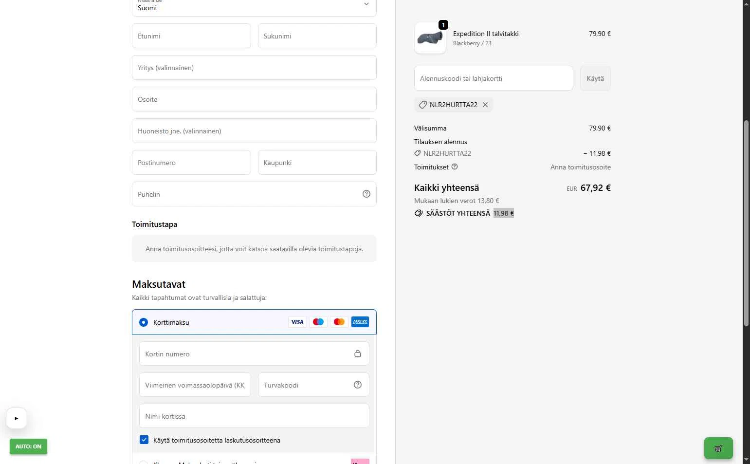 Hurtta checkout page showing Hurtta promo code box | Screenshot taken by SimplyCodes community member on Jan 23, 2026