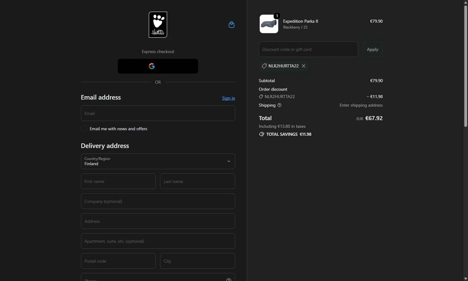 Hurtta checkout page showing Hurtta promo code box | Screenshot taken by SimplyCodes community member on Jan 5, 2026